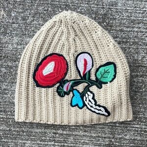 Tabitha Webb tan off white beige floral embroidered beanie hat knitted flowers